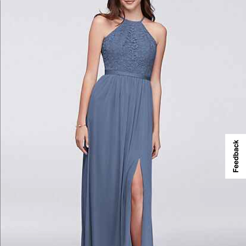 David’s Bridal steel blue bridesmaid dress style #F19608